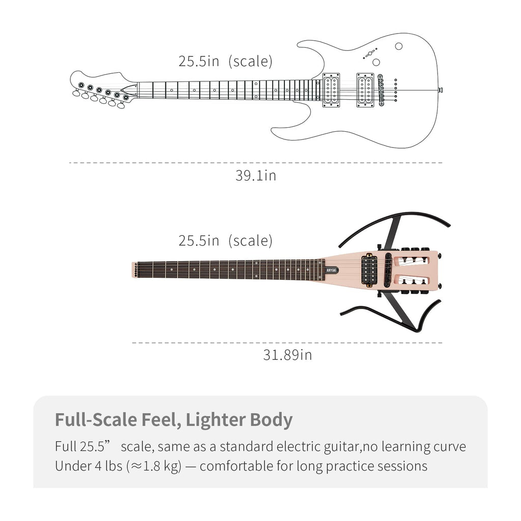 Anygig Travel Electric Guitar Headless – Portable Ultra-Light and Quiet, Full-Scale 25.5” Rosewood Fingerboard, Glow Humbucker, Gig Bag, Removable Stands for Left and Right Black