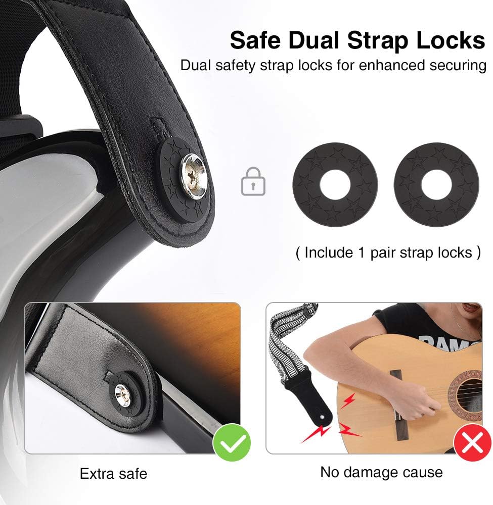 LEKATO Bass Guitar Strap for Electric Guitar & Bass 3" Wide Guitar Straps Padded Bass Guitar Strap Adjustable Length from 38" to 47" Bass Guitar Straps with Pick Holder 2 Safety Strap Locks & 6 Picks