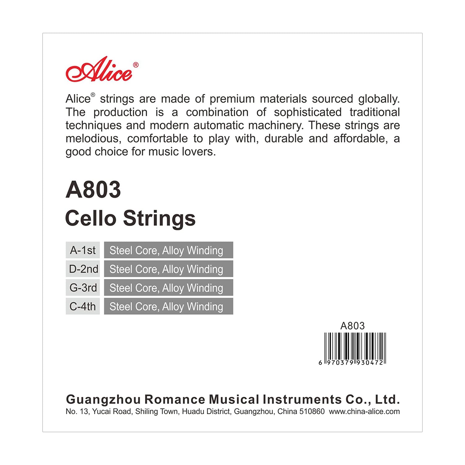 Alice Cello Strings 4/4 Full Set - Well Balanced & Deep-forceful Timbre, Steel Core with Alloy Winding, Cello Strings for 4/4 & 3/4 Size Cello (FullSet A D G and C)