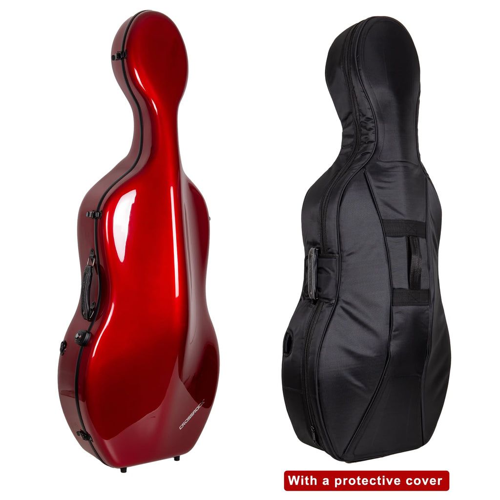 Crossrock Professional 4/4 Carbon Fiber Cello Case | 6lb Ultra-Light TSA Hardshell | Adjustable Magic Pads & Anti-Scratch Cover | Gloss Crimson Finish