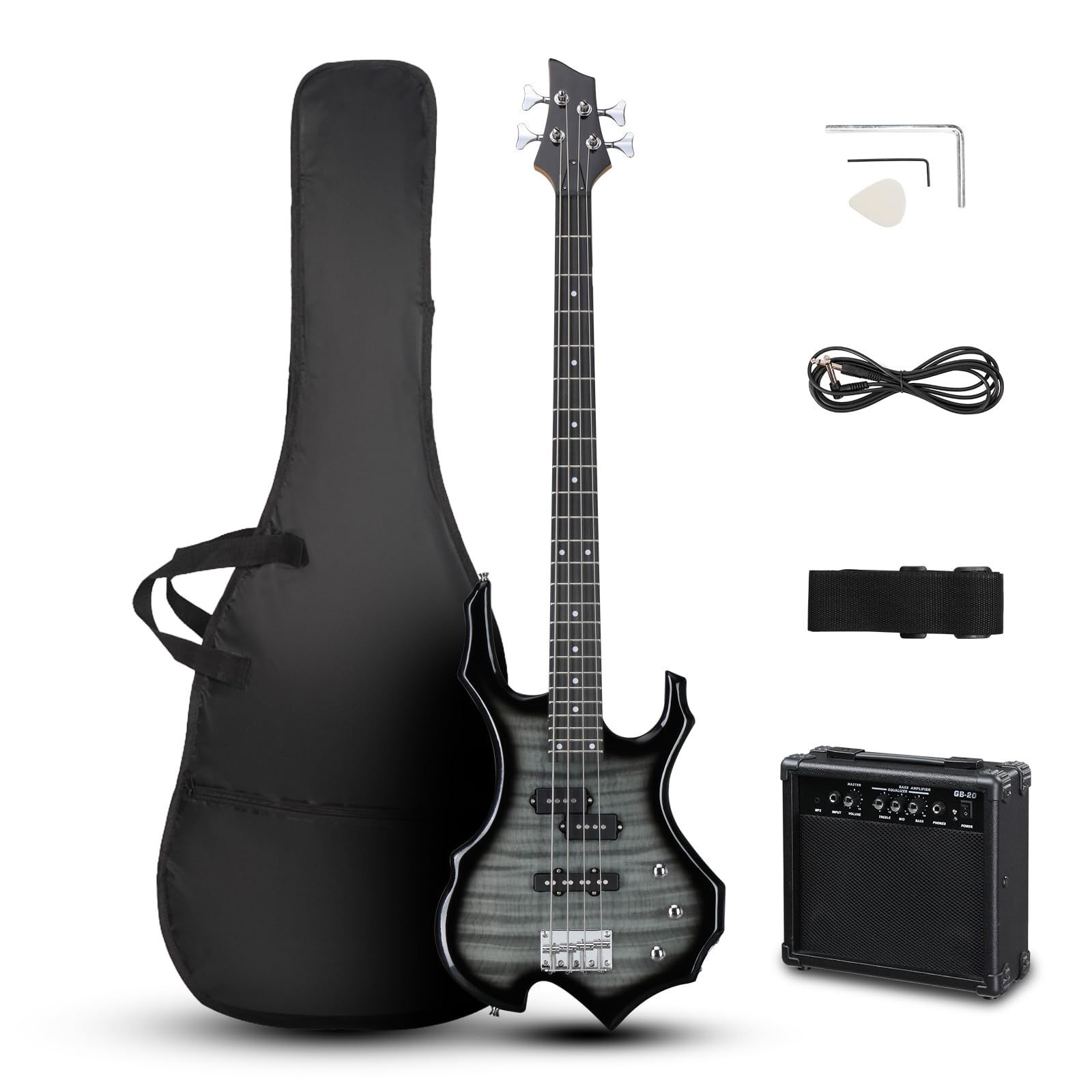 Ktaxon Electric Bass Guitar Full Size Flame Design Bass Set with 20 Watt Amplifier, Portable Bass Bag, Superior Amp Wire, Adjustable Guitar Strap, Plectrum, Wrench Tool(Matte Black)