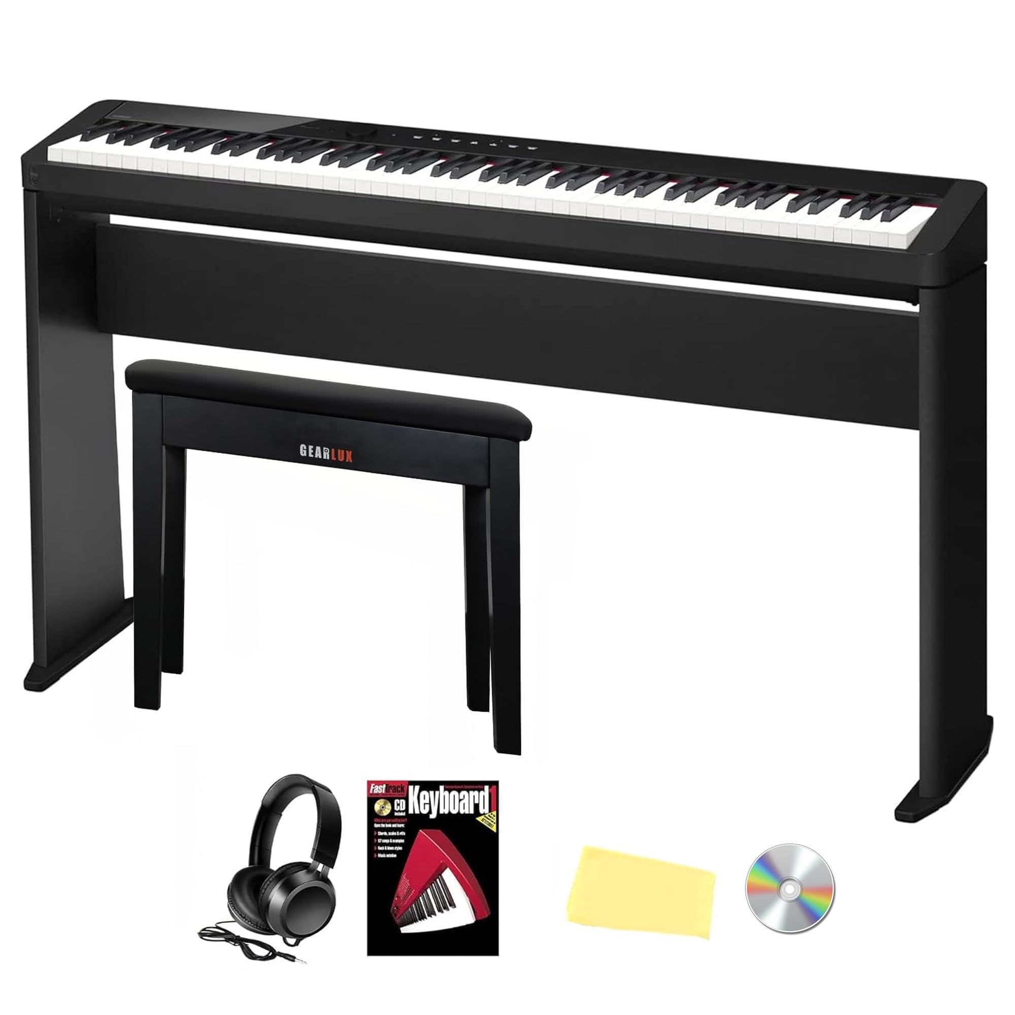 Casio Privia PX-S5000 Digital Piano - Black Bundle with CS-68 Furniture Stand, Bench, Headphones, Instructional Book, Online Lessons, Instructional DVD, and Austin Bazaar Polishing Cloth