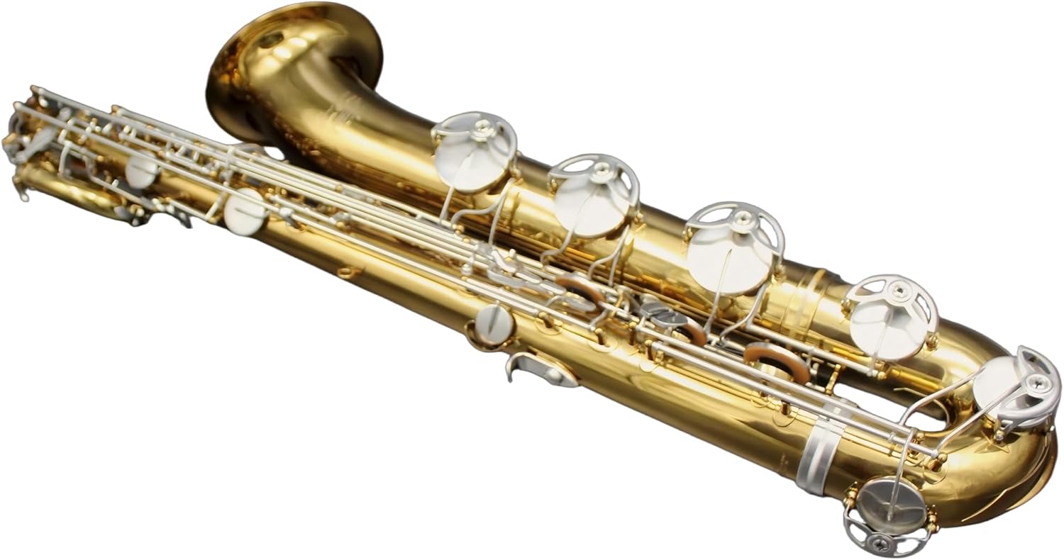 Eastern Music Pro Baritone Saxophone, Yellow Brass with Champagne Gold Lacquer, Low A, Floral Engraving, Yani Style Key Design, Includes Flight Case with Wheels and Accessories