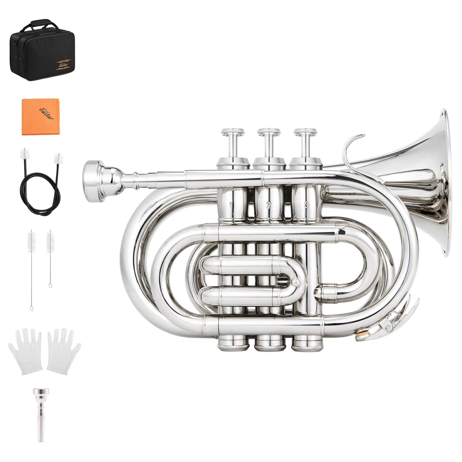 Eastar Pocket Trumpet B Flat Brass Bb Pocket Trumpet with Mouthpiece 7C, Cleaning Cloth, Hard Case, Gloves, Full Kit, Gold Lacquer, ETR-330
