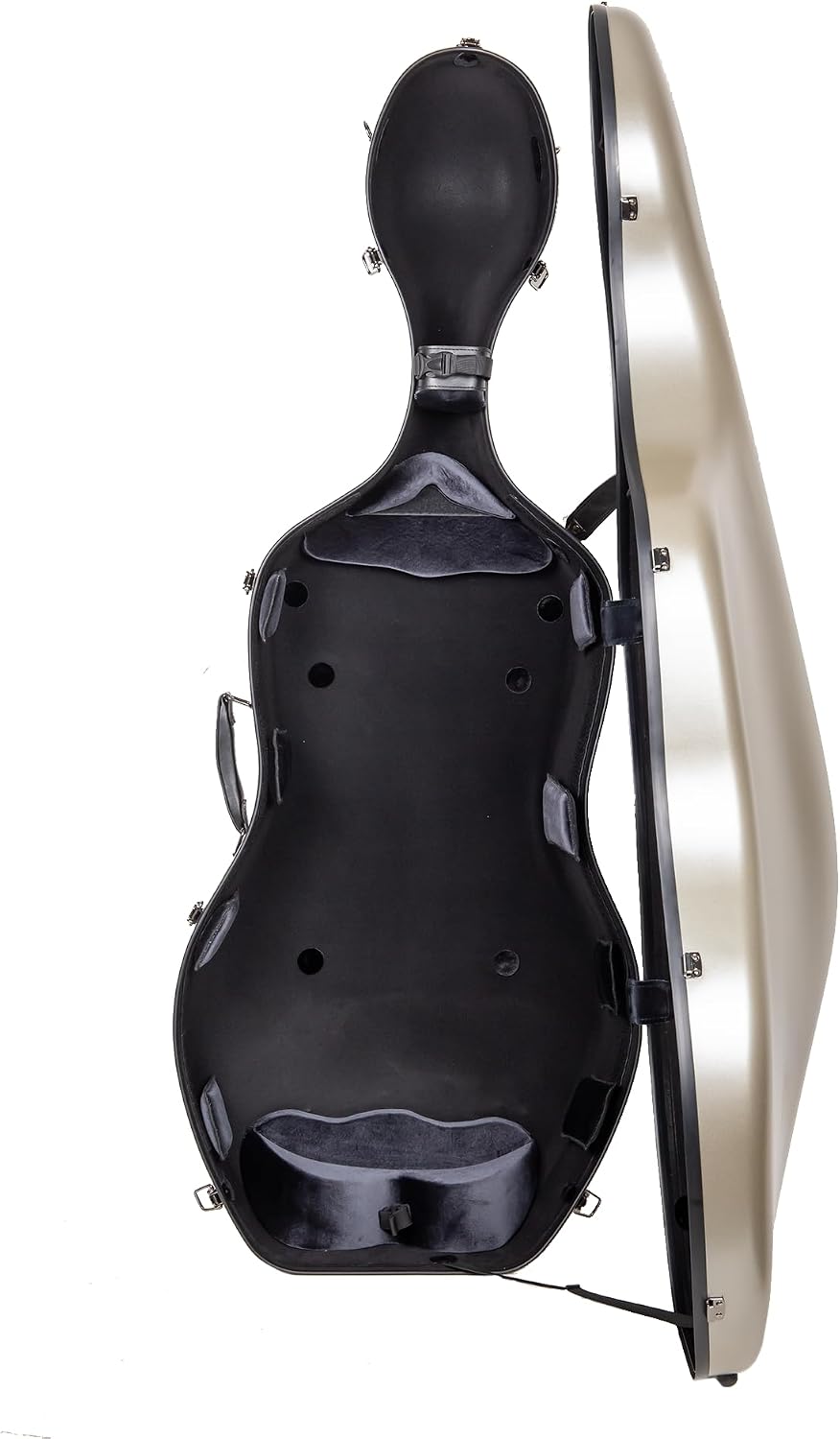 Crossrock Poly Carbon Cello Case for 4/4 Full Size | Champagne Matte Finish, Black Velvet Interior, Wheels, Music Pouch – Lightweight Protection Series