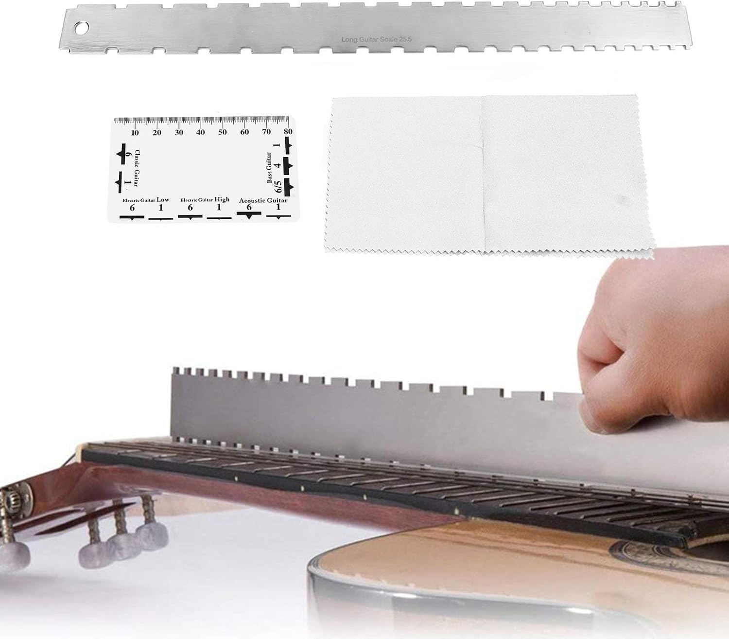 Guitar Ruler Set | Stainless Steel String Action Gauge & Neck Notched Straight Guide | High Accuracy Measurement Tool for Electric/Acoustic Guitars