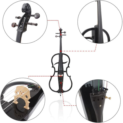 4/4 Solid Wood Electric Cello Violoncello Ebony Fittings Style 1 Tuner Headphone Gig Bag