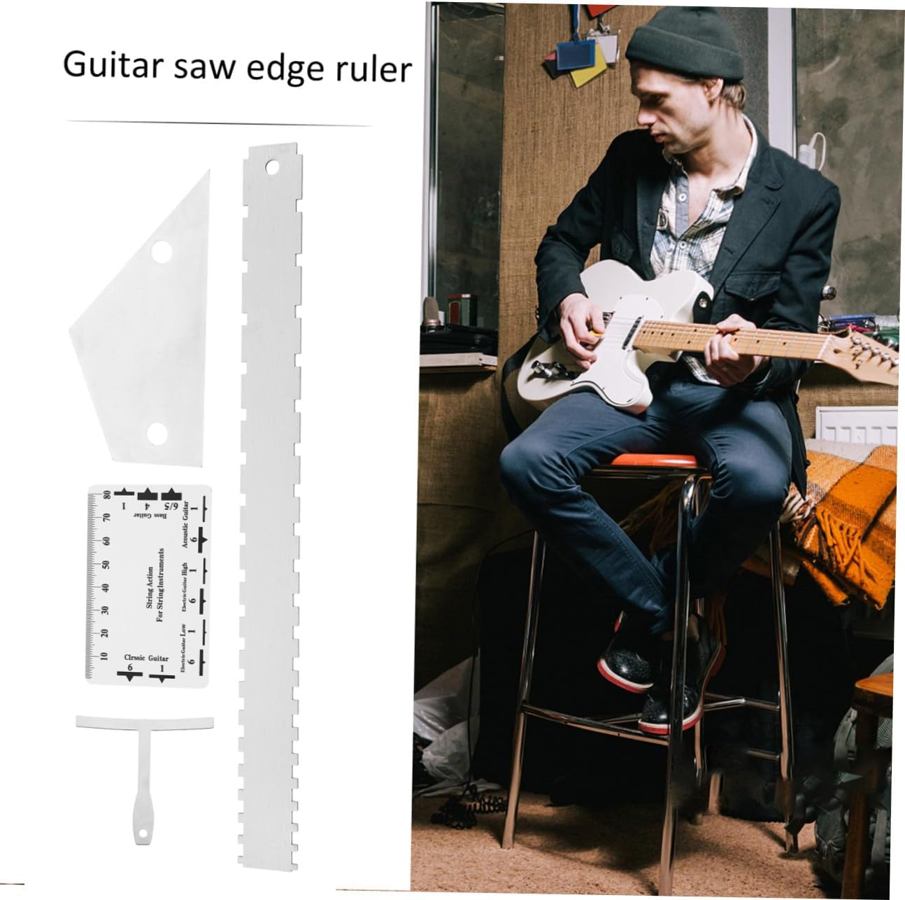 12pcs Guitar Luthier Tools Set with Radius Gauge String Action Ruler Fret Rocker Straight Edge Metal Precision Measuring Kit for Electric Acoustic Bass Guitar Maintenance and Setup