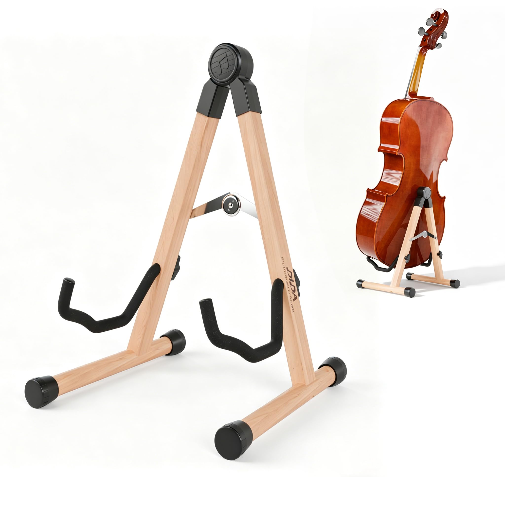 Cello Stand with Bow Holder, Wooden Stand for 1/2, 3/4, 7/8, 4/4 Full-Size, A-Frame Floor Cello Stand with Padded Foam and Non Slip Pad, Cello Display Stand (Black Walnut)