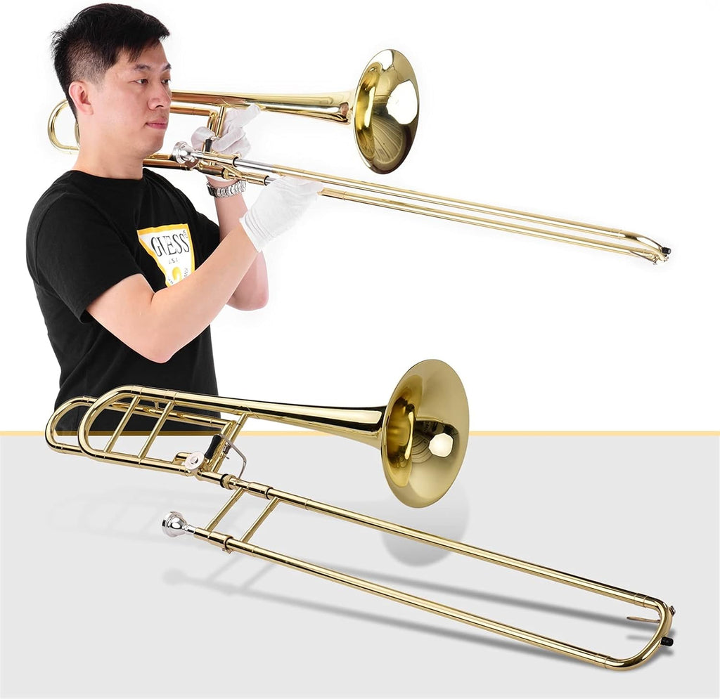 Trumpets Beginner Upgraded Intermediate Bb Flat Tenor Slide Trombone with F Trigger Including Mouthpiece Carry Case Gloves Cleaning Cloth Trumpet Set