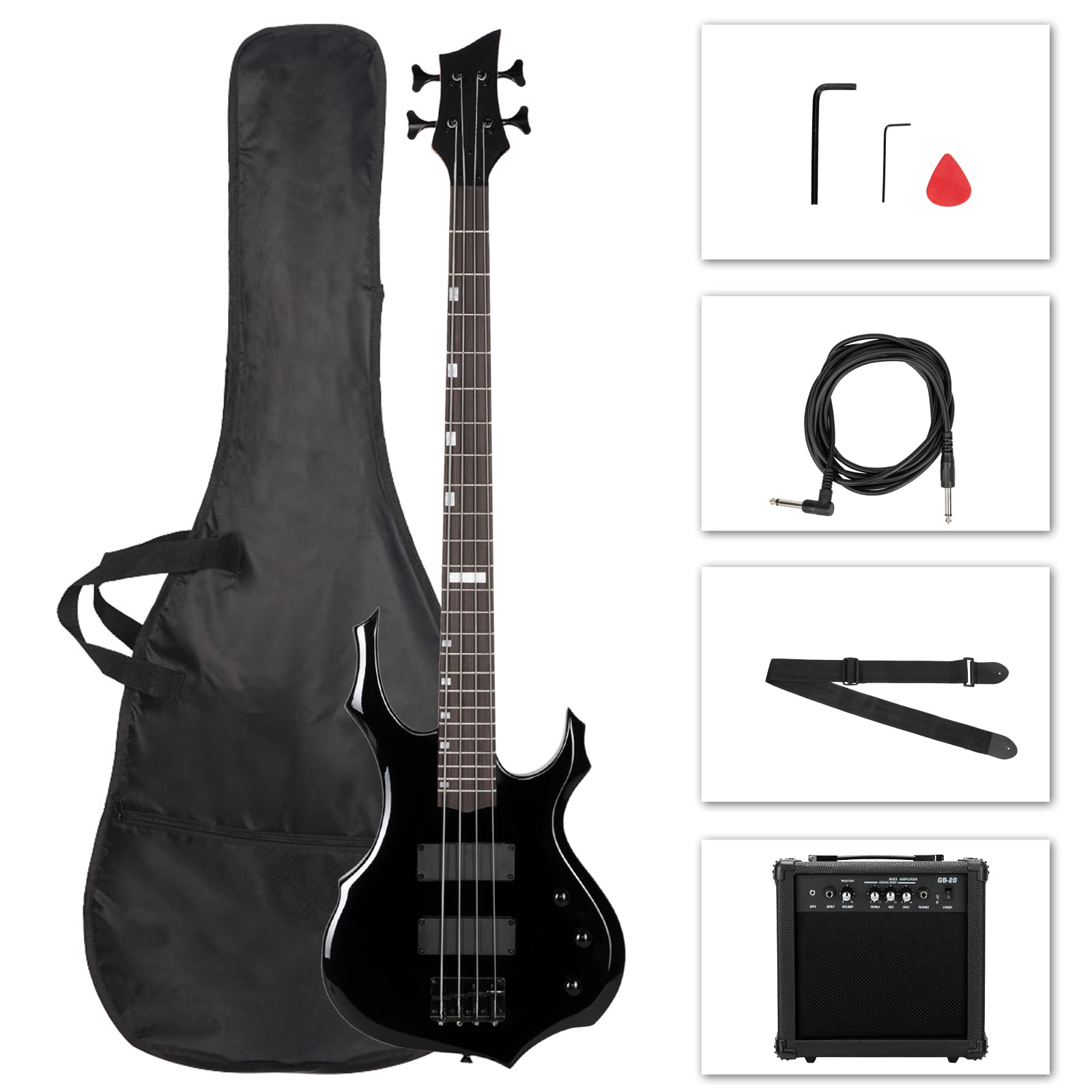 Ktaxon Electric Bass Guitar Full Size Flame Design Bass Set with 20 Watt Amplifier, Portable Bass Bag, Superior Amp Wire, Adjustable Guitar Strap, Plectrum, Wrench Tool(Matte Black)