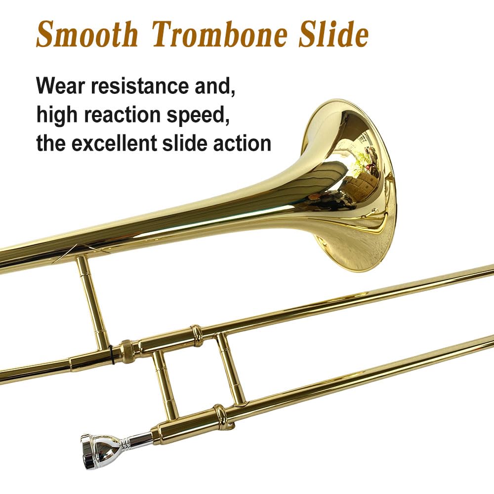 Bb Tenor Slide Trombone – B Flat Brass Trombone with Gold Lacquer Finish- Includes Hard Case, Mouthpiece & Cleaning Kit – Fit for Musicians and Beginners（12.7 mm & 205 mm）
