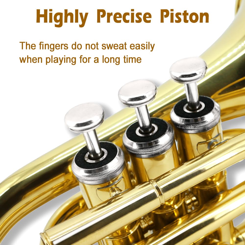 Bb Pocket Trumpet - Brass Pocket Trumpet B Flat Nickel Plated, 7C Mouthpiece, Complete Beginner Kit - Includes Hard Carrying Case, Cleaning Kit, Gloves, golden