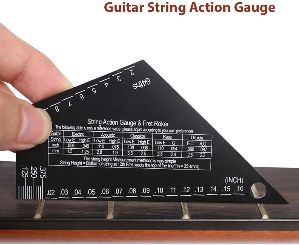 Guitar String Action Gauge, 1mm Stainless Steel String Height Ruler, Triangle Leveling Gauge with Imperial Metric for Electric, Acoustic Guitar and Bass Setup