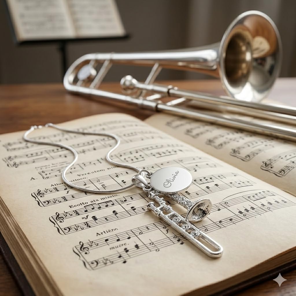 Spinningdaisy Trombone Necklace for Music Lovers, Rhinestone Instrument Pendant, 16” + 2” Extender Snake Chain