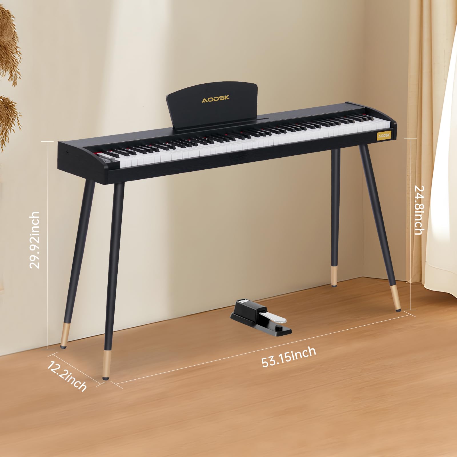 AODSK Digital Piano 88 Key Full Size Weighted Keyboard Overall Solid Wood Frame for Beginners with Sheet Music Stand Triple Pedal Power Adapter