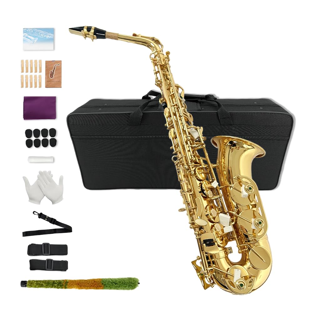 Yinfente Eb Alto Saxophone For Beginners Adult,Saxophone Student,E Flat Alto Sax Full Kit With Reeds,Pads Cushions,Hard Carrying Case,Cleaning Cloth & Rod,Mouthpiece,Gloves,Neck Strap Gold
