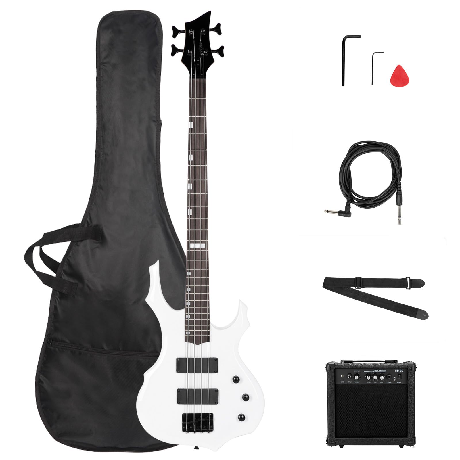 Ktaxon Electric Bass Guitar Full Size Flame Design Bass Set with 20 Watt Amplifier, Portable Bass Bag, Superior Amp Wire, Adjustable Guitar Strap, Plectrum, Wrench Tool(Matte Black)