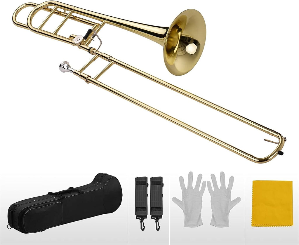 Trumpets Beginner Upgraded Intermediate Bb Flat Tenor Slide Trombone with F Trigger Including Mouthpiece Carry Case Gloves Cleaning Cloth Trumpet Set