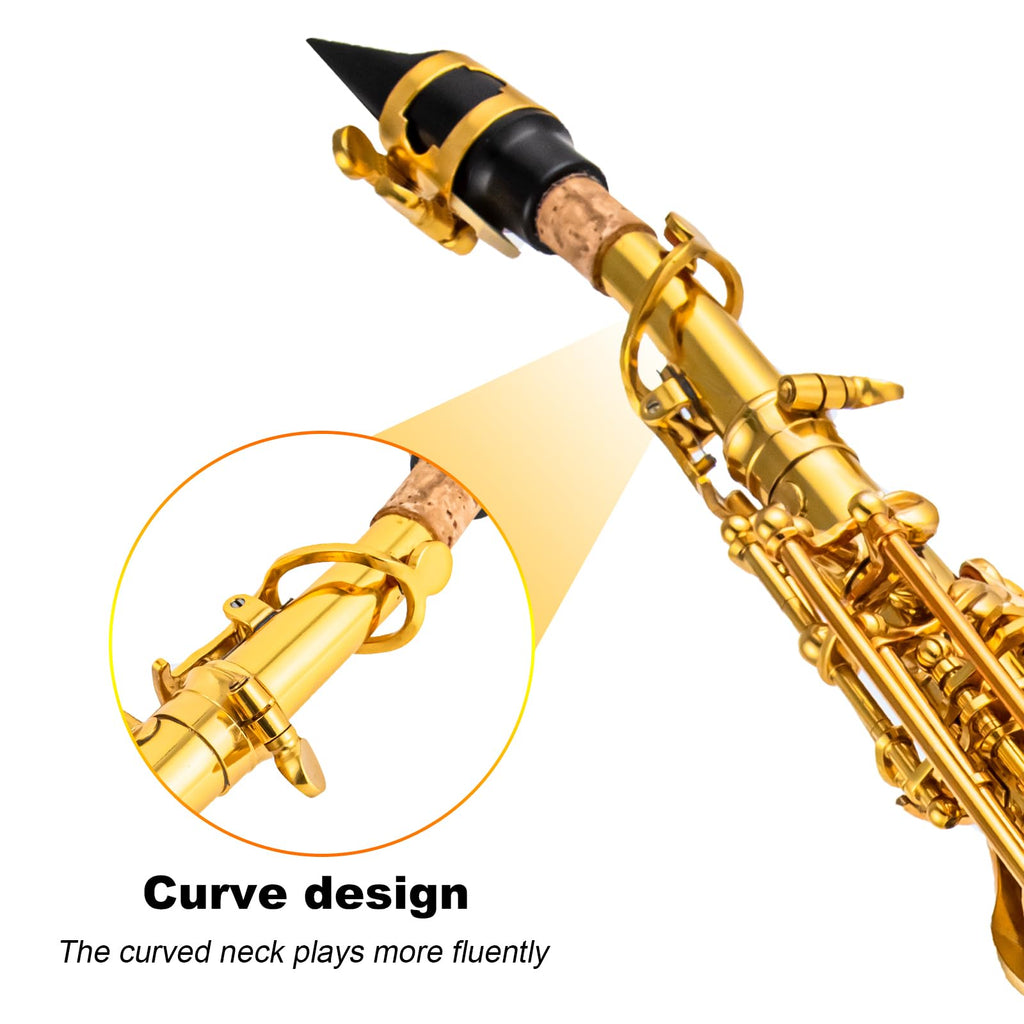 Bb Soprano Saxophone Straight Gold Laquer Sax Instruments for Beginners Students Intermediate Players with Carrying Case,White Gloves.Cleaning kit.neck Strap.Mouthpiece (Gold body nickel bond)