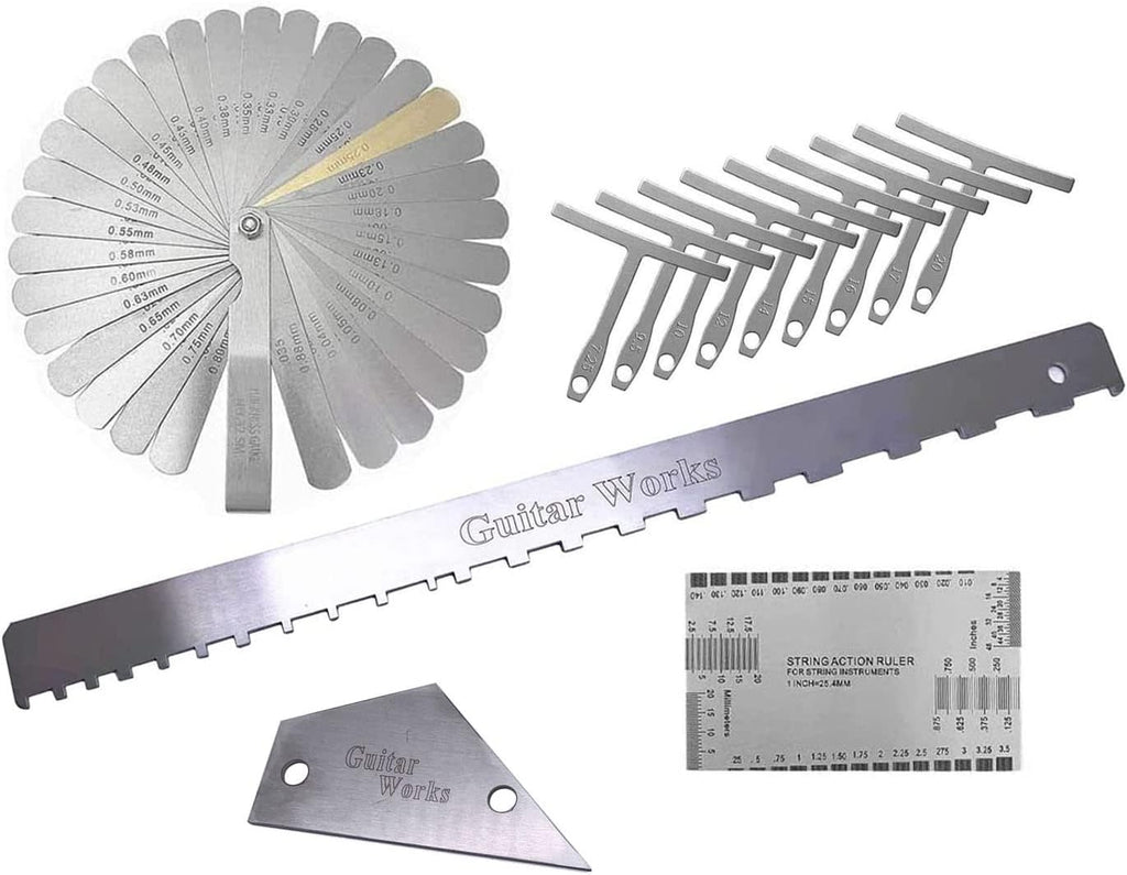13pcs Guitar Luthier Tools Set Guitar Radius Gauge Unilateral Neck Straight Edge String Action Gauge Ruler Feeler Gauge Fret Rocker Fret Set Up Tool for Guitar Fretboard and Frets