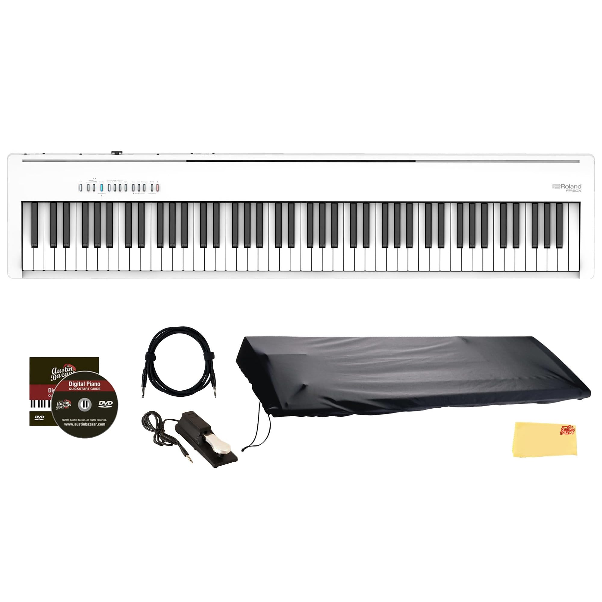 Roland FP-30X 88-Key Digital Piano - Black Bundle with Adjustable Stand, Bench, Sustain Pedal, Online Piano Lessons, Instructional DVD, and Austin Bazaar Polishing Cloth