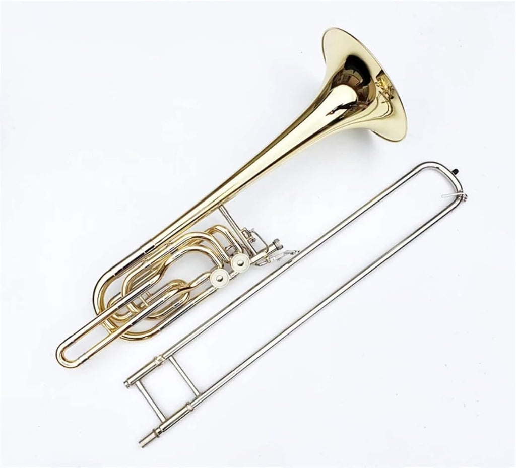 B Flat Brass Trombone, with Case, Gold Finished, Professional B Flat Bass Trombone Instrument