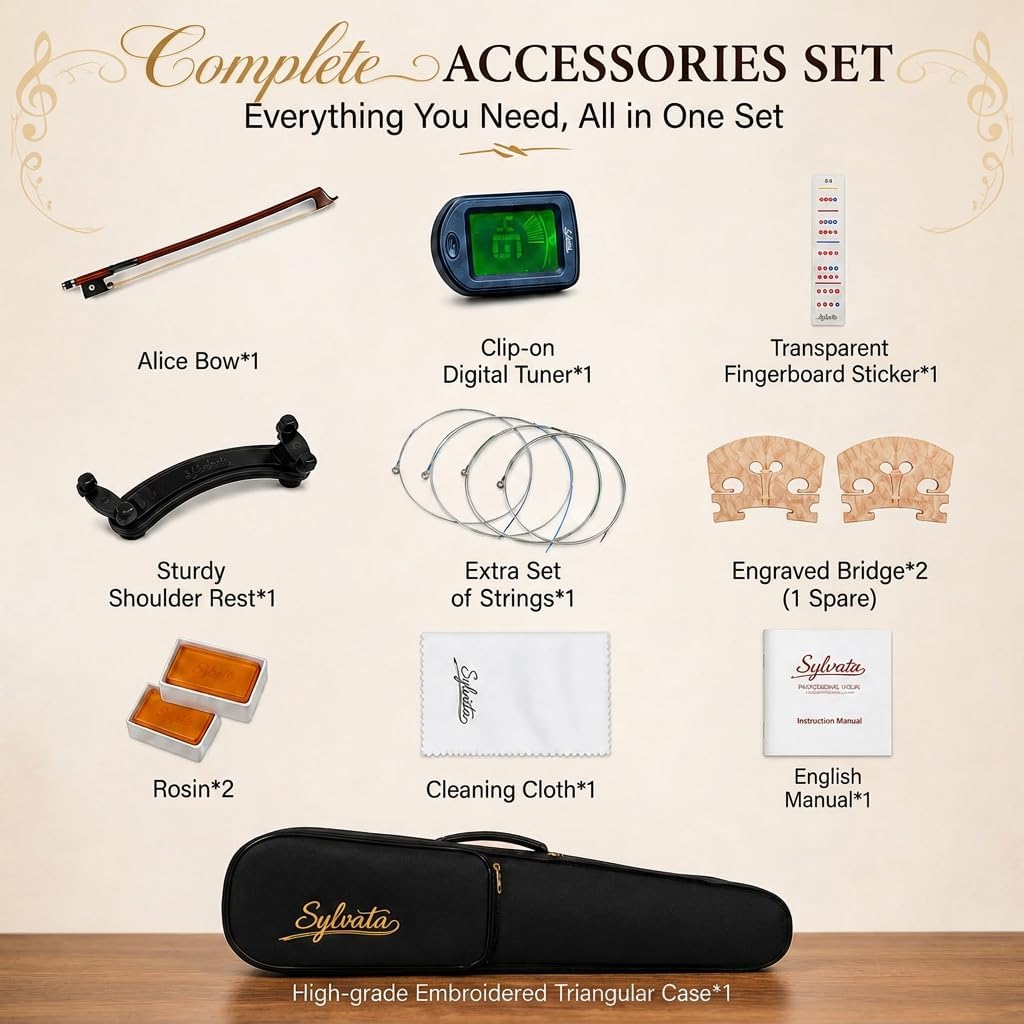 Handcrafted Solid Wood Violin 4/4 Full Size, Acoustic Fiddle with Gradient Finish, Ebony Fingerboard & Fittings, High-End Full Size Violin Kit with Ebony Bow, Alice Strings, and Deluxe Case
