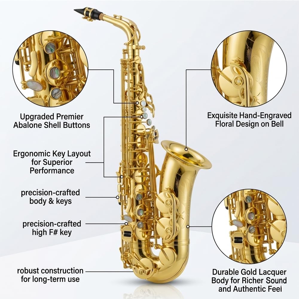 Beginner Alto Saxophone, E Flat - Complete Starter Kit with Case & 10 Reeds, for Adults & Students, Easy to Play for School Band & Practice(Gold)