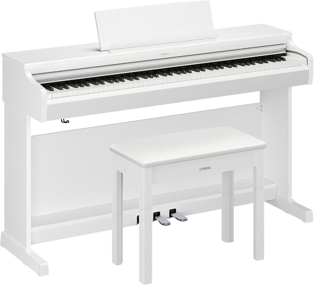 Yamaha Arius Series 88-Key Weighted Digital Piano Keyboard, Full Size, GrandTouch-E Action, CFX Concert Grand Piano Sound, 3-Pedal Unit, Bench Included, Classic Upright Design in White YDP-166WH