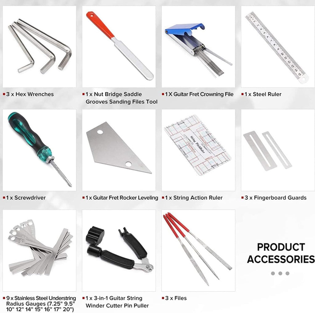 25Pcs Guitar Repairing Tools Kit Setup Kit Includes Carry Bag String Organizer Fingerboard Protector String Action Ruler Gauge for Guitar Ukulele Bass Mandolin Banjo