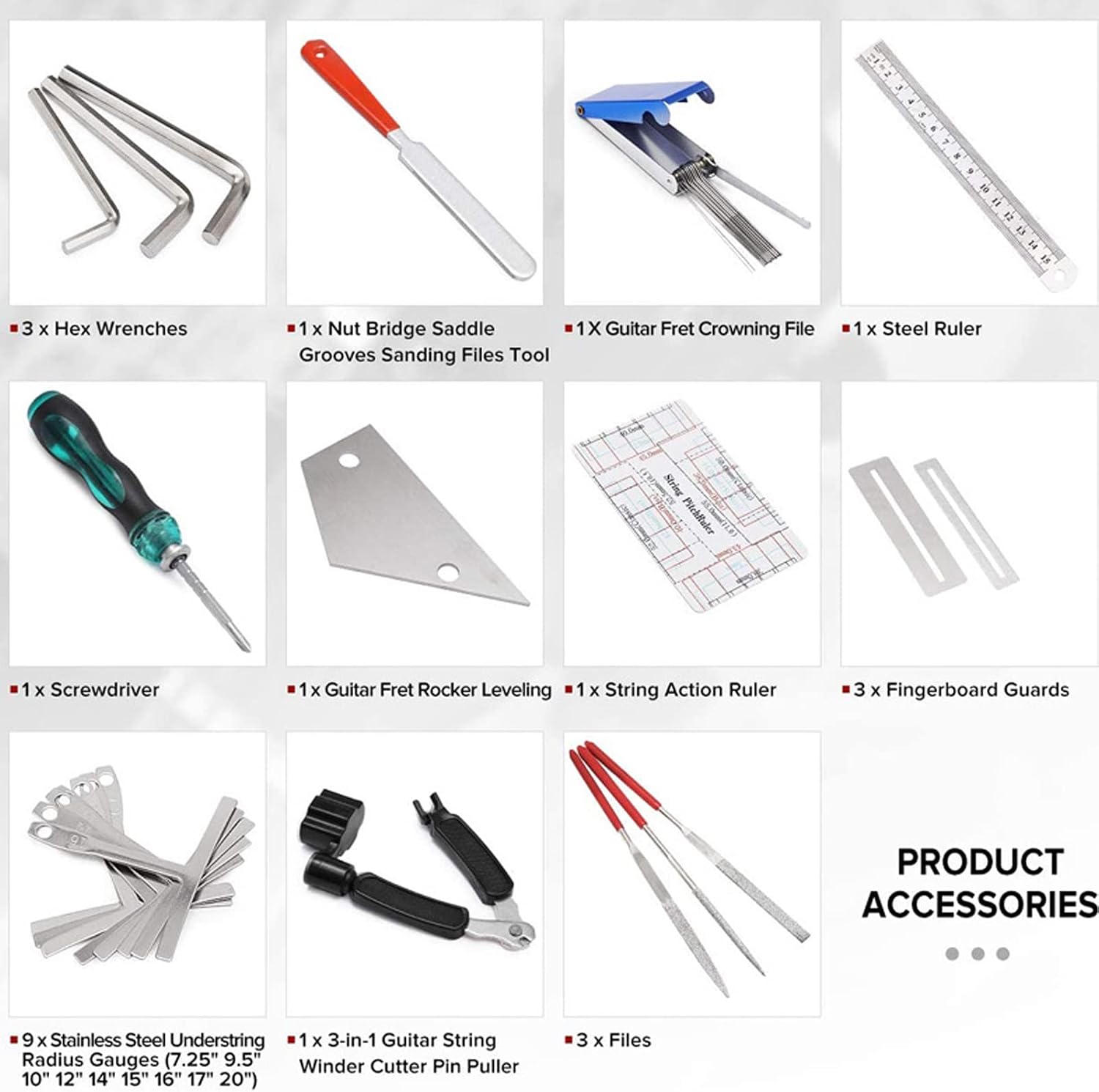 25Pcs Guitar Repairing Tools Kit Setup Kit Includes Carry Bag String Organizer Fingerboard Protector String Action Ruler Gauge for Guitar Ukulele Bass Mandolin Banjo