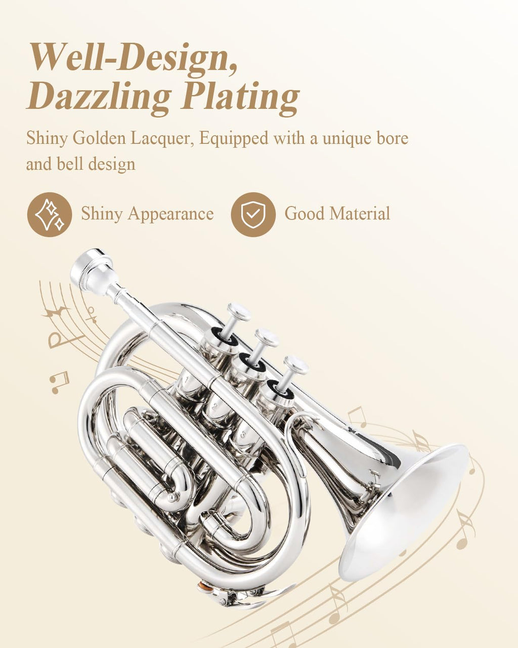 Eastar Pocket Trumpet B Flat Brass Bb Pocket Trumpet with Mouthpiece 7C, Cleaning Cloth, Hard Case, Gloves, Full Kit, Gold Lacquer, ETR-330