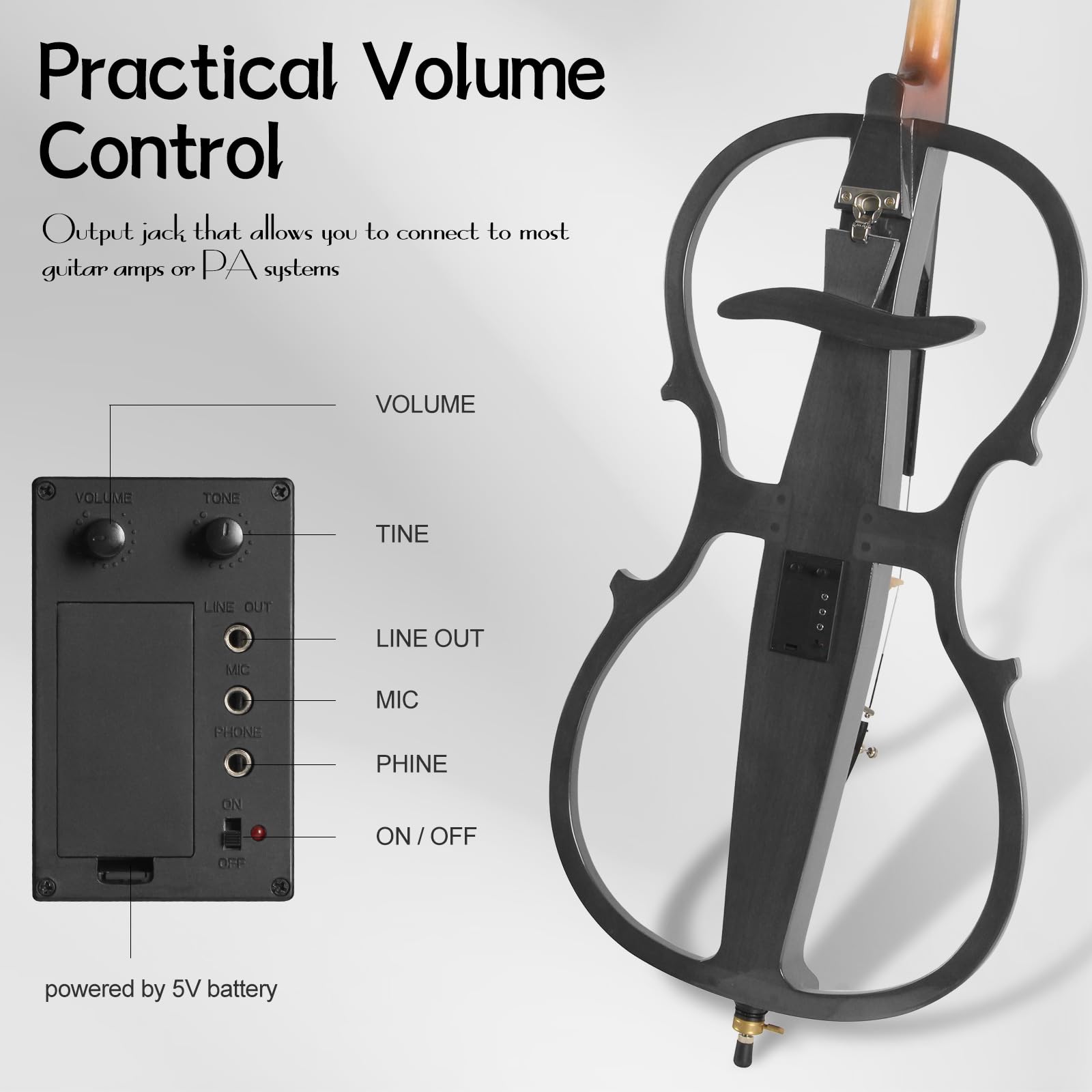 Electric Cello, Full Size Silent Practice Cello with Headphone Jack & Carry Bag, Professional Cello for Beginners/Adults
