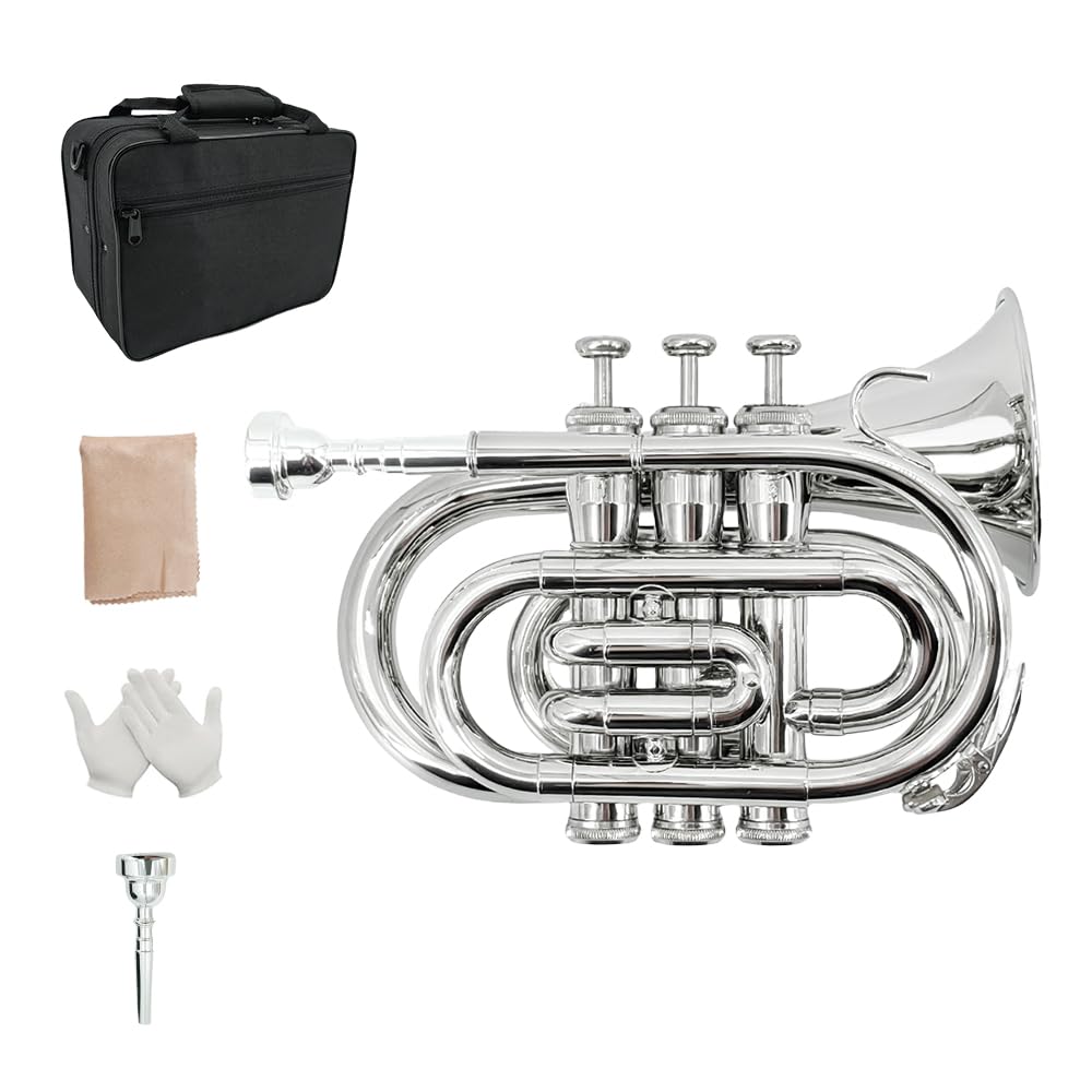 Bb Pocket Trumpet - Brass Pocket Trumpet B Flat Nickel Plated, 7C Mouthpiece, Complete Beginner Kit - Includes Hard Carrying Case, Cleaning Kit, Gloves, golden