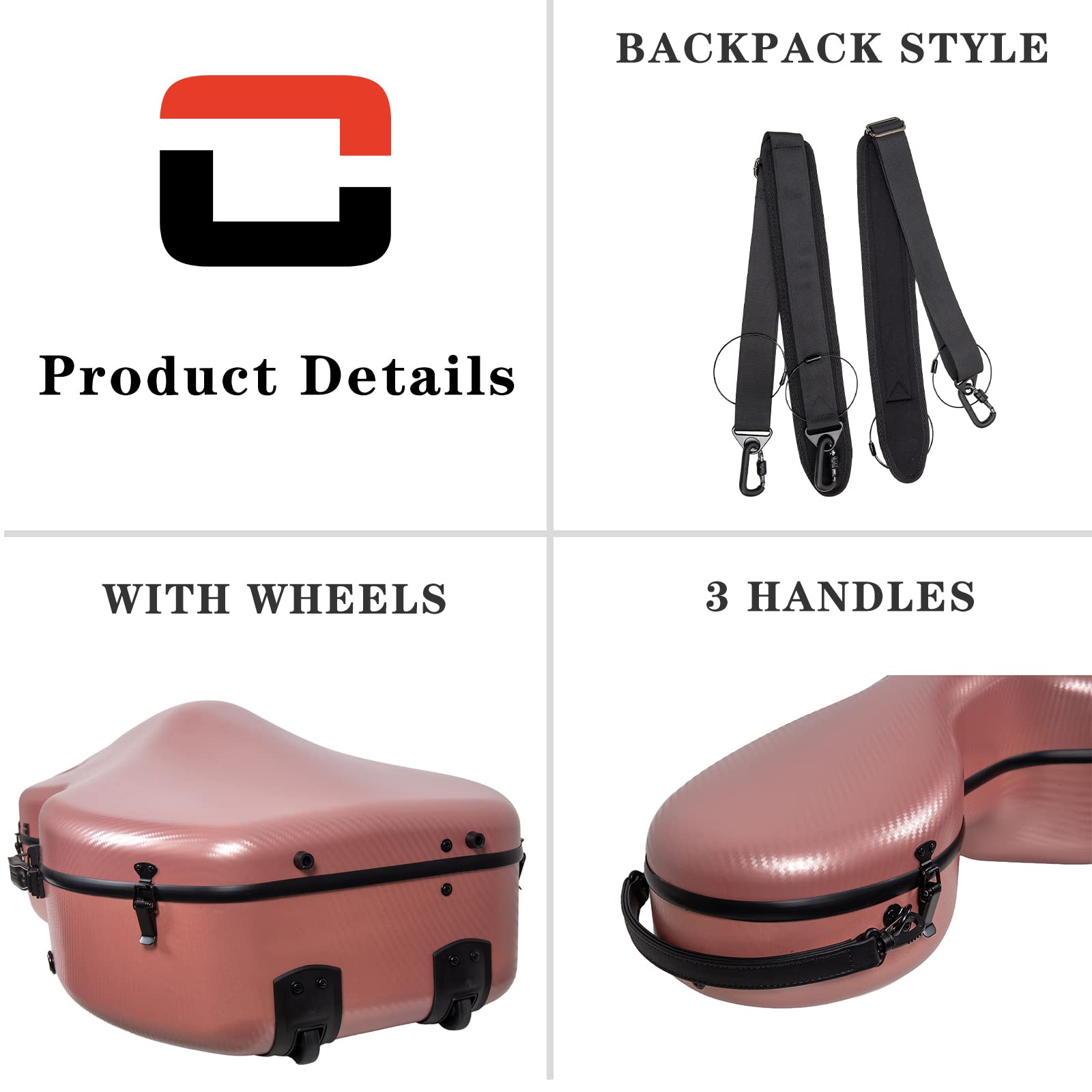 Crossrock Poly Carbon Cello Case for 4/4 Full-Size | Matte Rose Gold Finish, Black Velvet Interior, Wheels & Bow Storage – Durable Lightweight Hardshell