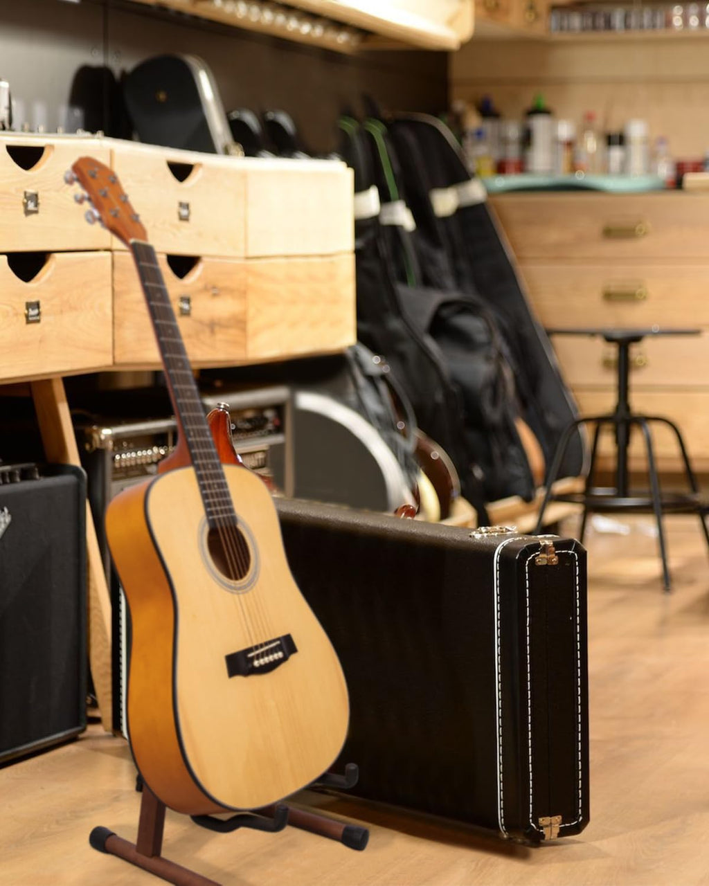 STRICH Wood Guitar Stand, A-Style Folding Acoustic Electric Floor Guitars Stand, Wood Ukulele Holder for Bass, Cello, Mandolin, Banjo, SGS-02