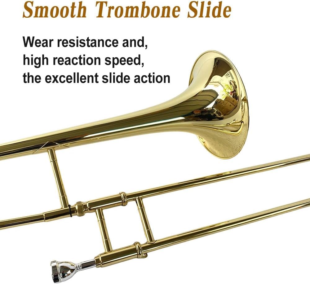 Bb Tenor Slide Trombone – B Flat Brass Trombone with Gold Lacquer Finish- Includes Hard Case, Mouthpiece & Cleaning Kit – Fit for Musicians and Beginners（12.7 mm & 205 mm）