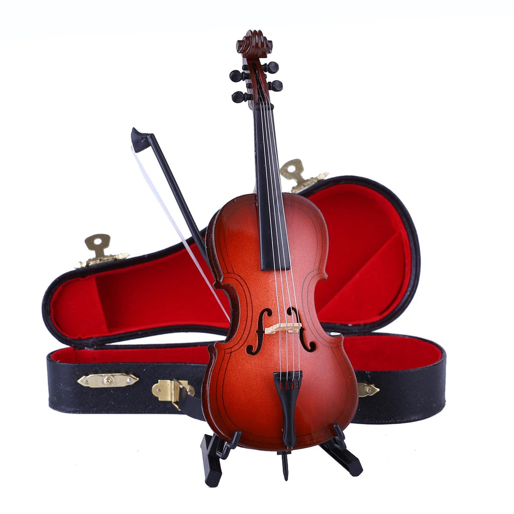Wooden Miniature Cello with Stand, Bow and Case Mini Musical Instrument Cello Replica Collectible Figurines Dollhouse Accessories Model Home Decoration Display Ornament (5.51"x1.97"x0.63")
