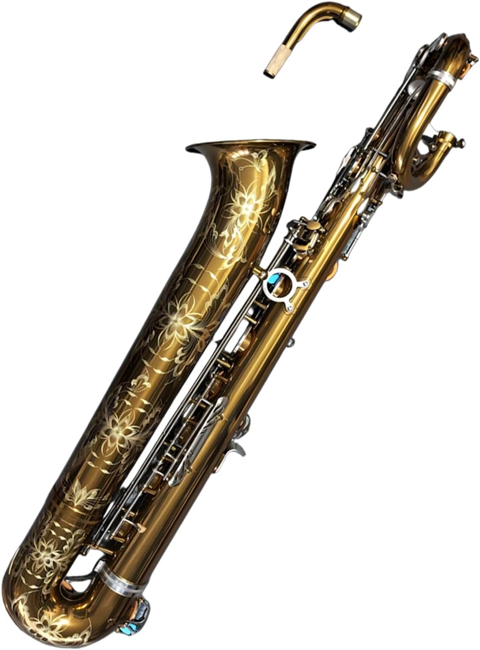 Eastern Music Pro Baritone Saxophone, Yellow Brass with Champagne Gold Lacquer, Low A, Floral Engraving, Yani Style Key Design, Includes Flight Case with Wheels and Accessories