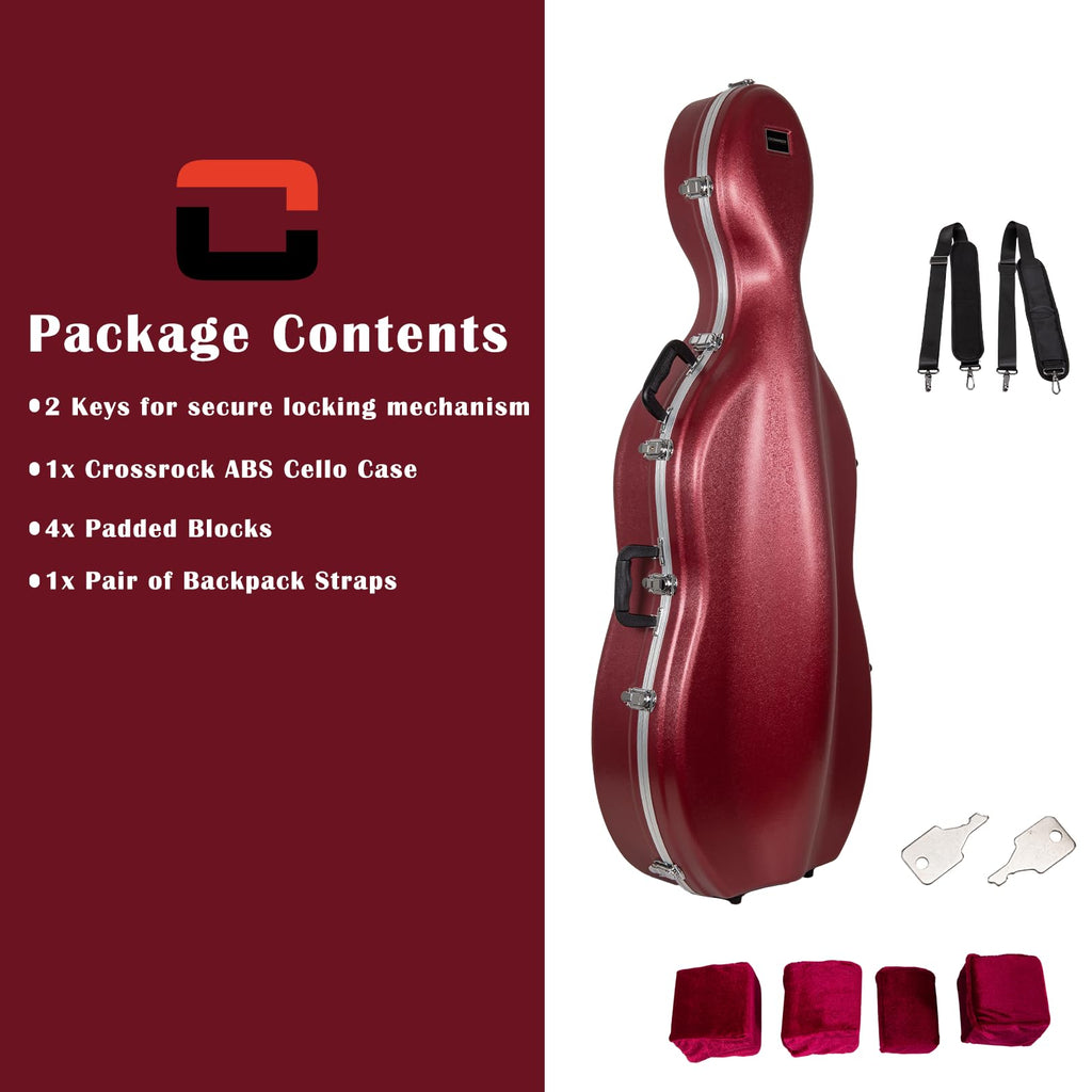 Crossrock ABS Cello Case for 4/4 & 3/4 Size | Wine Red Velvet Interior, Molded Hardshell with Wheels, Lock, Dual Bow Holders & Backpack Straps-Dark Red (CRA862CEFDR)