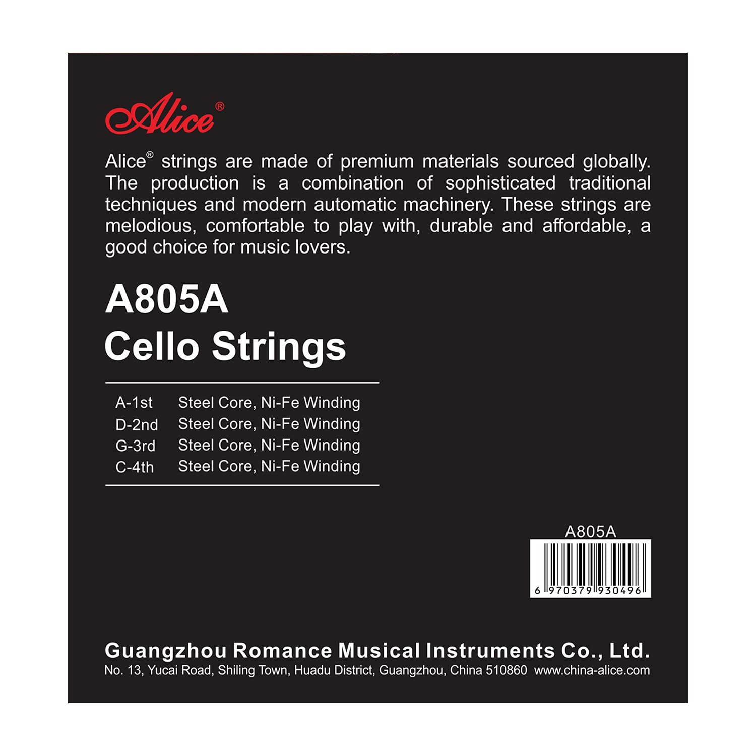 Alice Cello Strings 4/4 Full Set - Well Balanced & Deep-forceful Timbre, Steel Core with Alloy Winding, Cello Strings for 4/4 & 3/4 Size Cello (FullSet A D G and C)