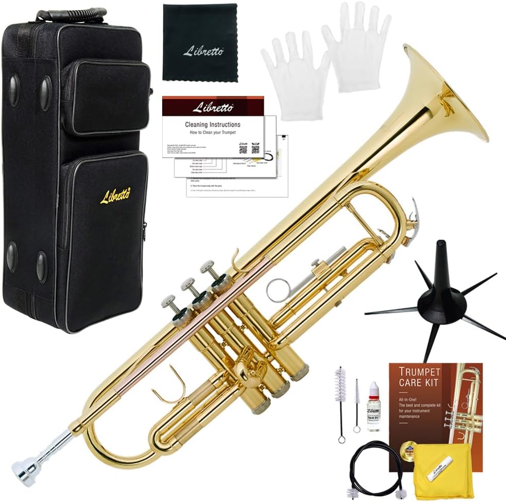 Libretto Gold Lacquer Bb Trumpet Set, Rose Brass Leadpipe | Standard for Beginner & Intermediate Students, Stainless Valve, 7C Mouthpiece, Durable Case, Portable Stand & Maintenance Kit