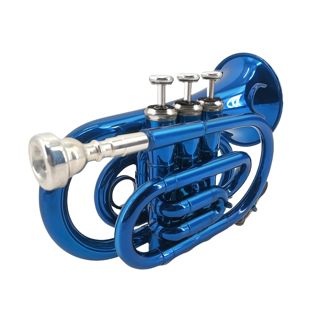 Pocket Trumpet Bb Flat Brass Trumpet for Beginner Student with 7C Mouthpiece Carrying Hard Case Cleaning Cloth Gloves