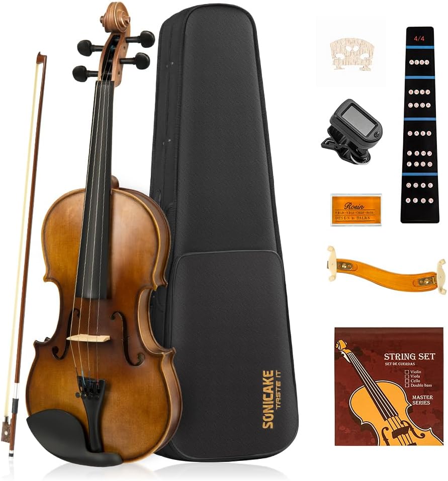 SONICAKE Violin 4/4 Full Size Set, Fiddle Solidwood for Beginners Adults, Acoustic Violin with Hard Case, Shoulder Rest, Rosin, Bow, Clip-on Tuner and Extra Strings, QVL-01