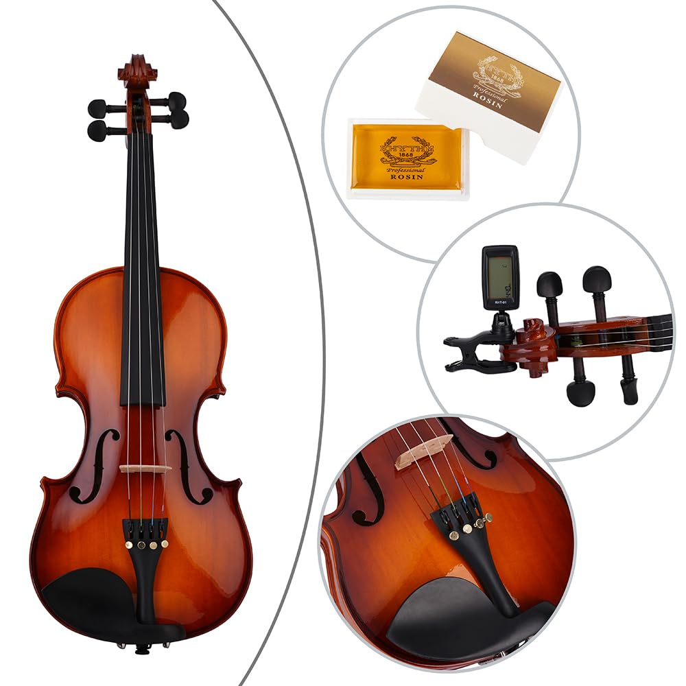 Rhythm Violin Set for Beginners,Acoustic Violins Starter Kit Package for Student,Beginners Fiddle with Hard Case, Rosin, Shoulder Rest, Bow, and Extra Strings (NATURAL, Full)
