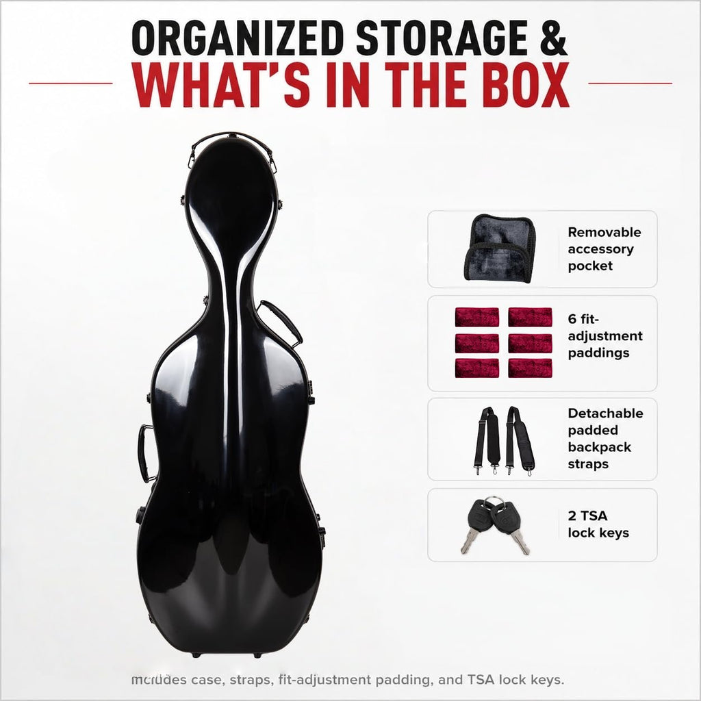 Crossrock Fiberglass 4/4 Cello Case with Wheels — Enlarged Interior Fits More Cellos | TSA Lock, Backpack Straps, Music Pouch & 3 Handles | Waterproof Hardshell — Black (CRF2030CEFBK)