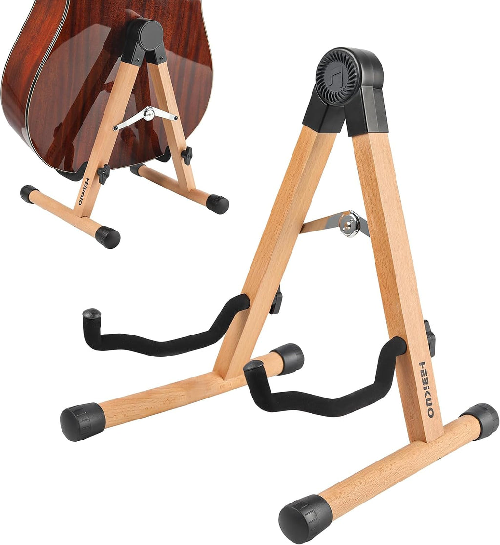 Wood Guitar Stand, A-Frame Folding Wooden Acoustic Electric Floor Guitar Stands with Padding, Stable Musical Instrument Foldable Support Holder, Universal for Ukulele, Bass, Cello, Violin, Banjo, Mandolin