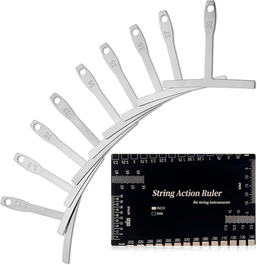 10 Pcs Luthier Tools, 9 Pcs Guitar Radius Gauge 1 String Action Gauge Ruler Measuring Setup Tool Kit for Guitars Bass Black+Silver