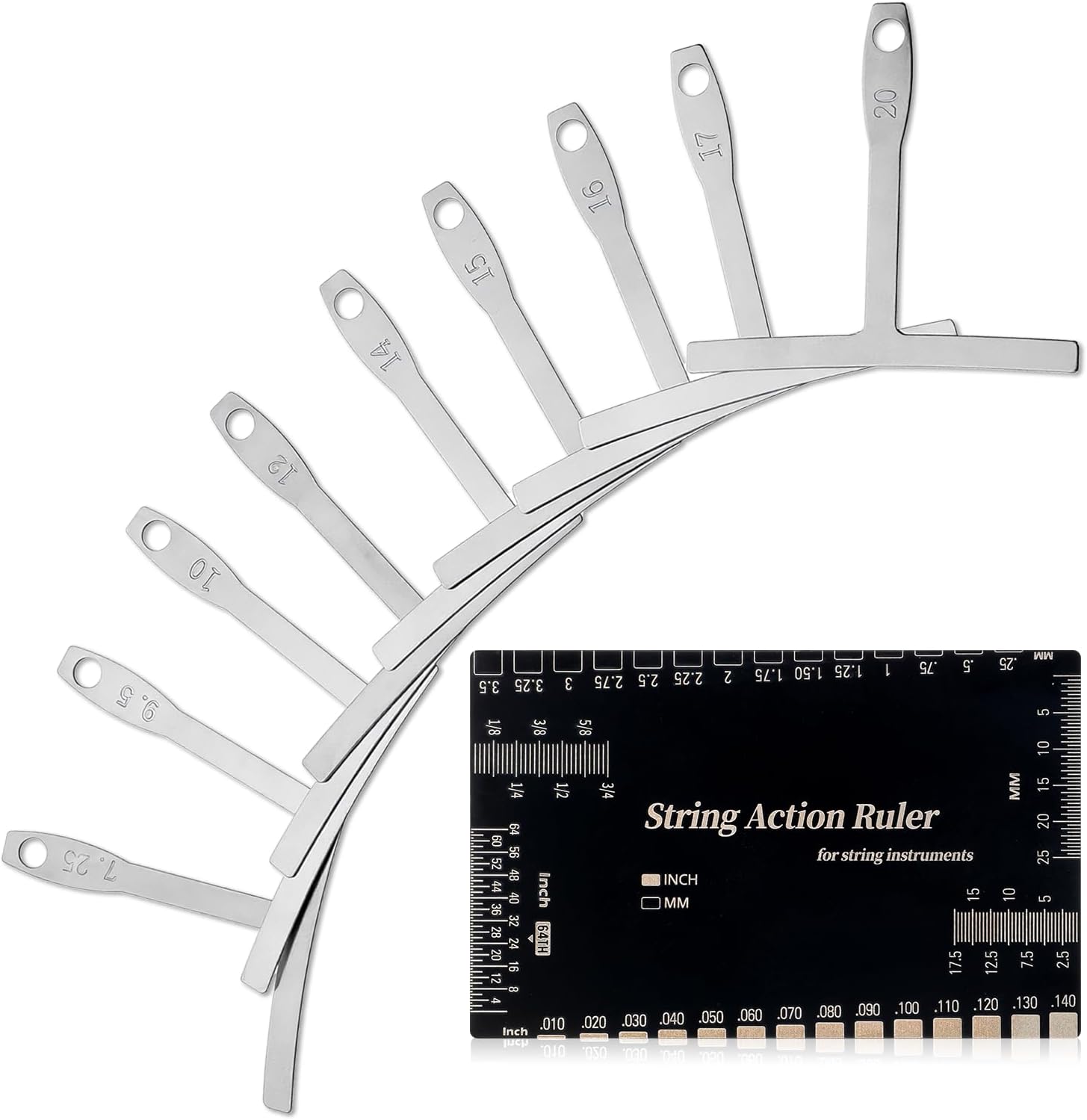 10 Pcs Luthier Tools, 9 Pcs Guitar Radius Gauge 1 String Action Gauge Ruler Measuring Setup Tool Kit for Guitars Bass Black+Silver